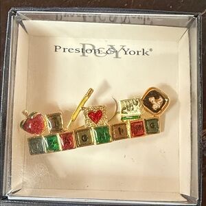 Preston & York I Love Teaching Gold Brooch with Red and Green Blocks